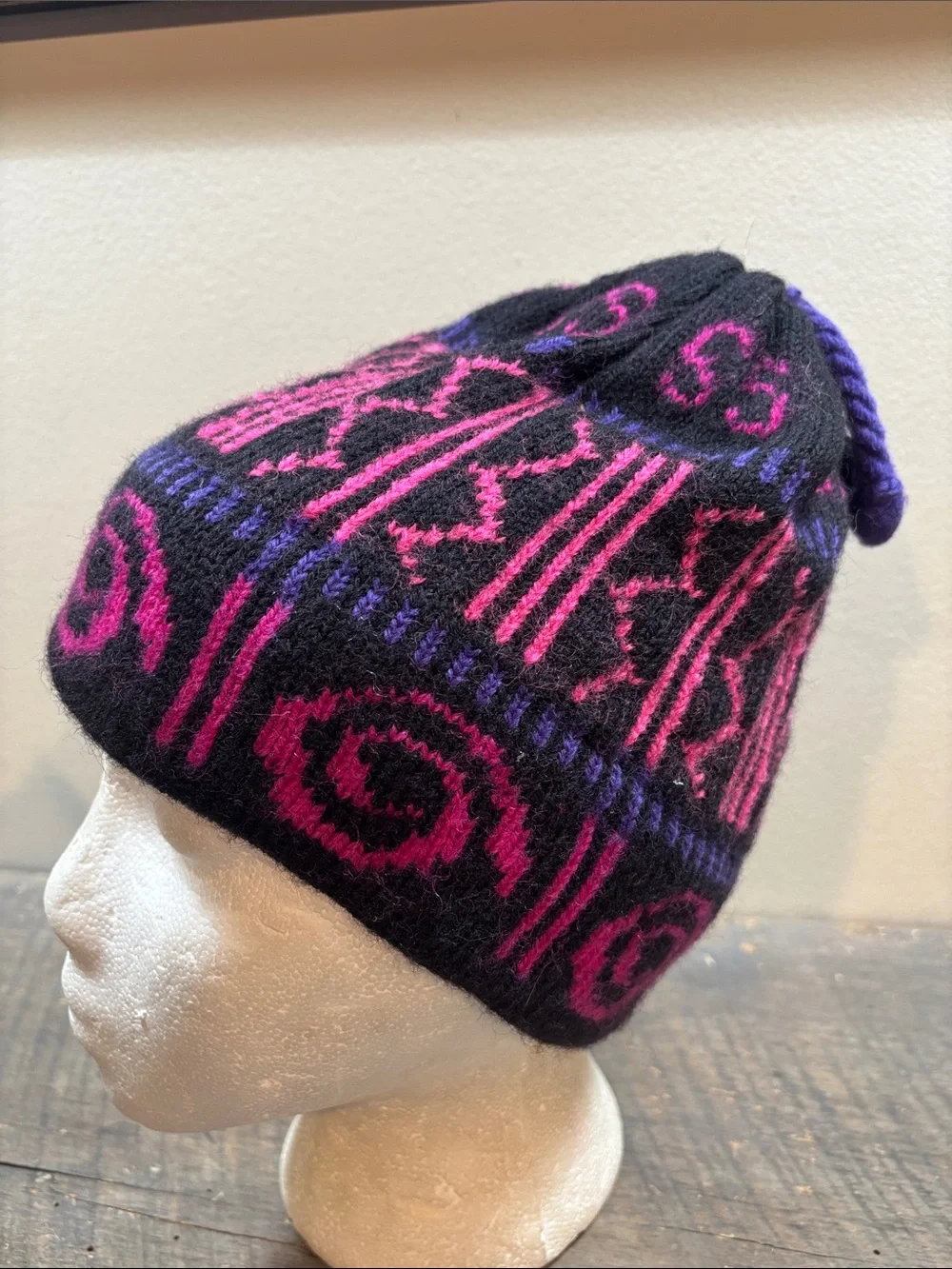 Handcrafted Kids Wool Black & Pink Patterned Knit Beanie